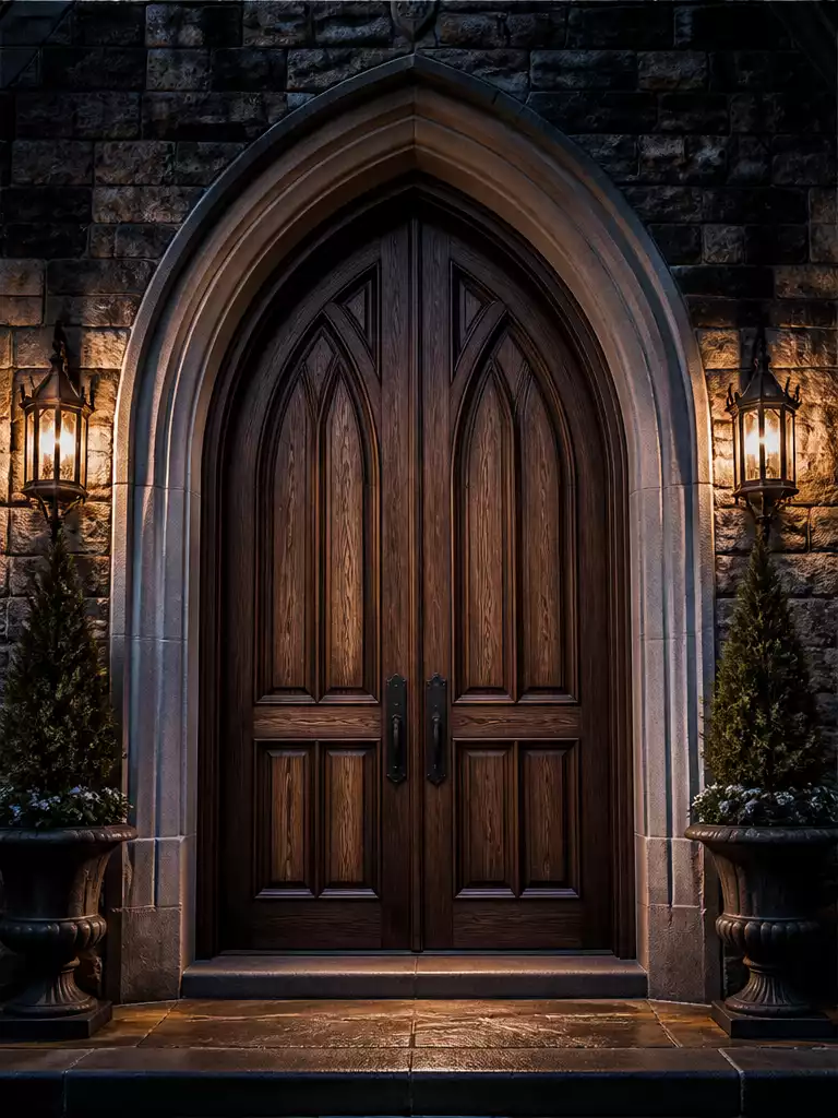Cathedral Top Wooden Double Doors Pointed Elegance in Wood Craftsmanship