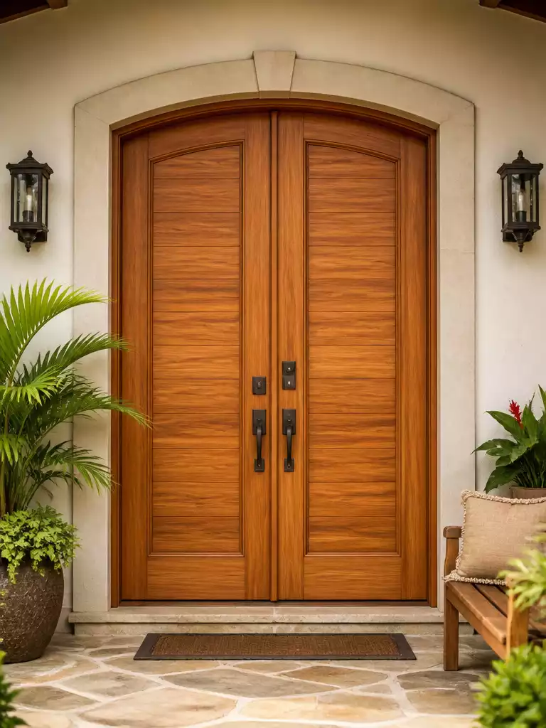 Teak Double Front Doors Exotic Durability with Elegant Grain Symmetry