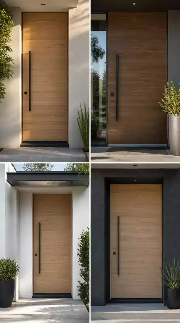 Modern Flush Door with horizontal wood grain and vertical pull hardware