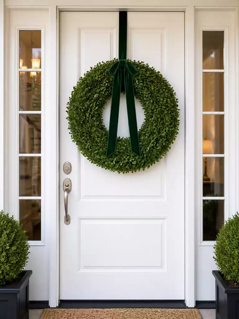 Boxwood wreath on a white paneled front door with velvet ribbon