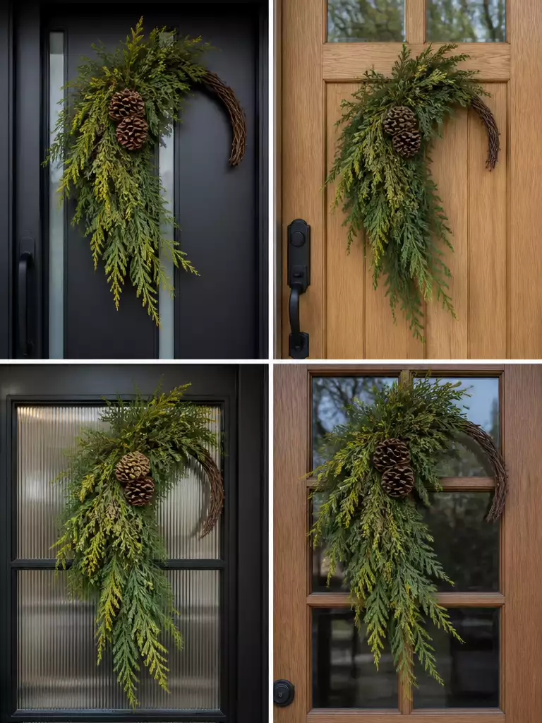 Draped Incense Cedar Wreaths for an Asymmetrical Modern Front Door