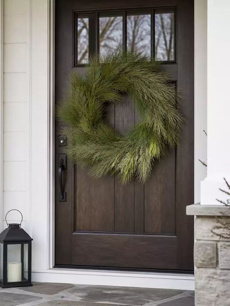 Fine-Needled White Pine Wreaths for a soft foraged Christmas door look