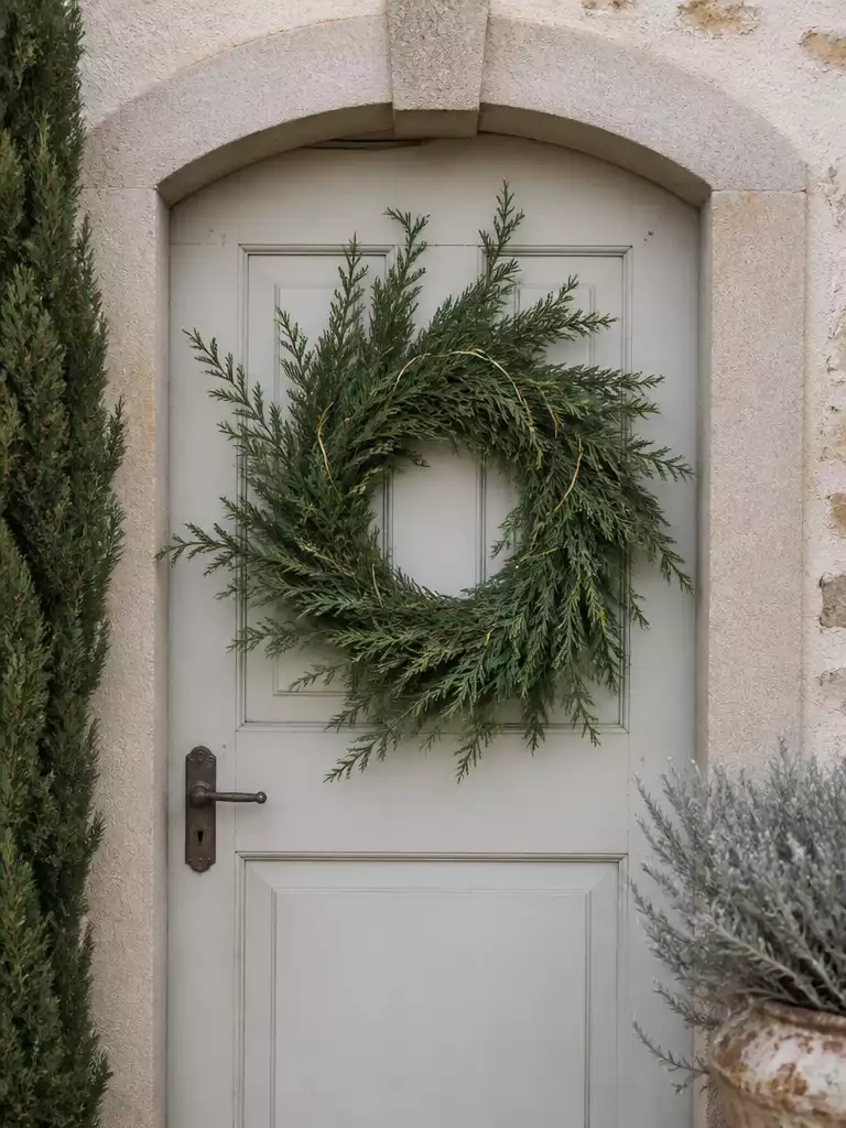 Cypress Christmas wreath with three-dimensional foliage on front door