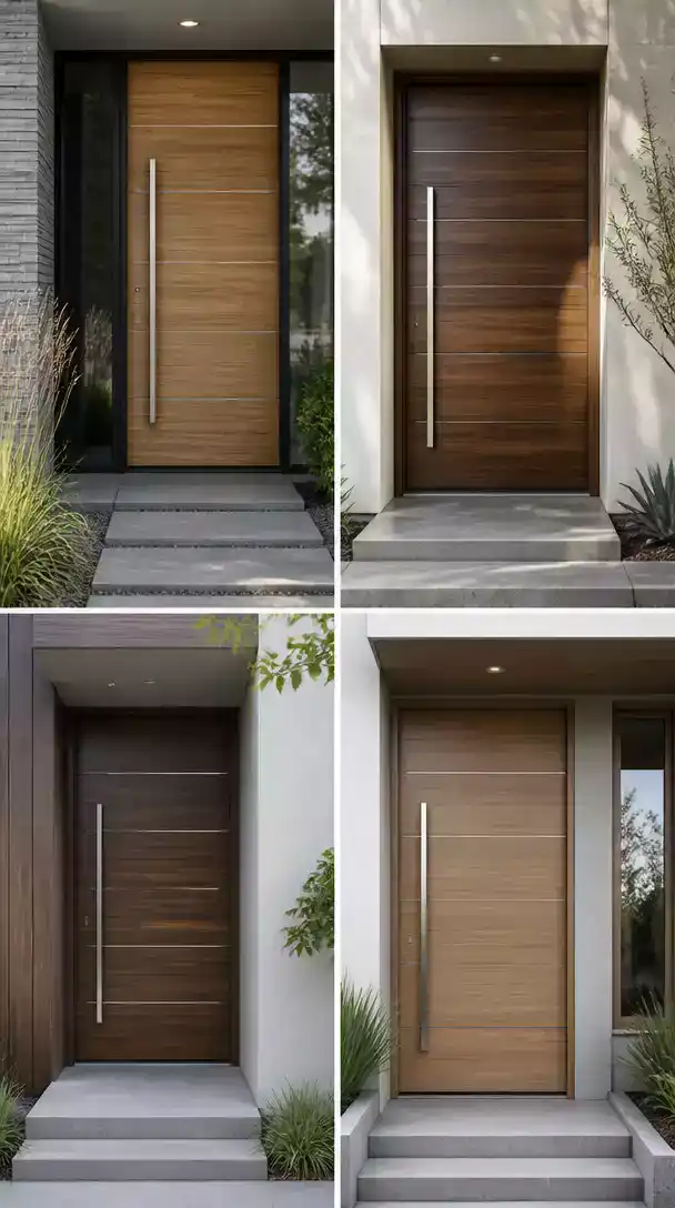 Modern Flush Door with Natural Horizontal Wood Grain and Sleek Hardware