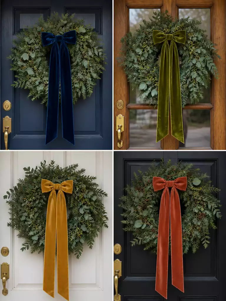 Velvet Ribbon wreath accents for a designer front door look