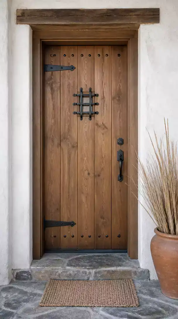 Rustic Farmhouse Door with Wrought Iron Speakeasy Grille and Knots