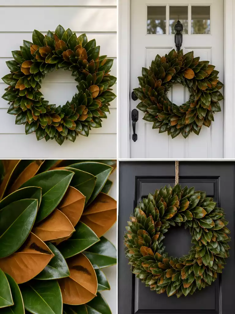 Magnolia Leaf wreaths with glossy emerald and cinnamon brown tones