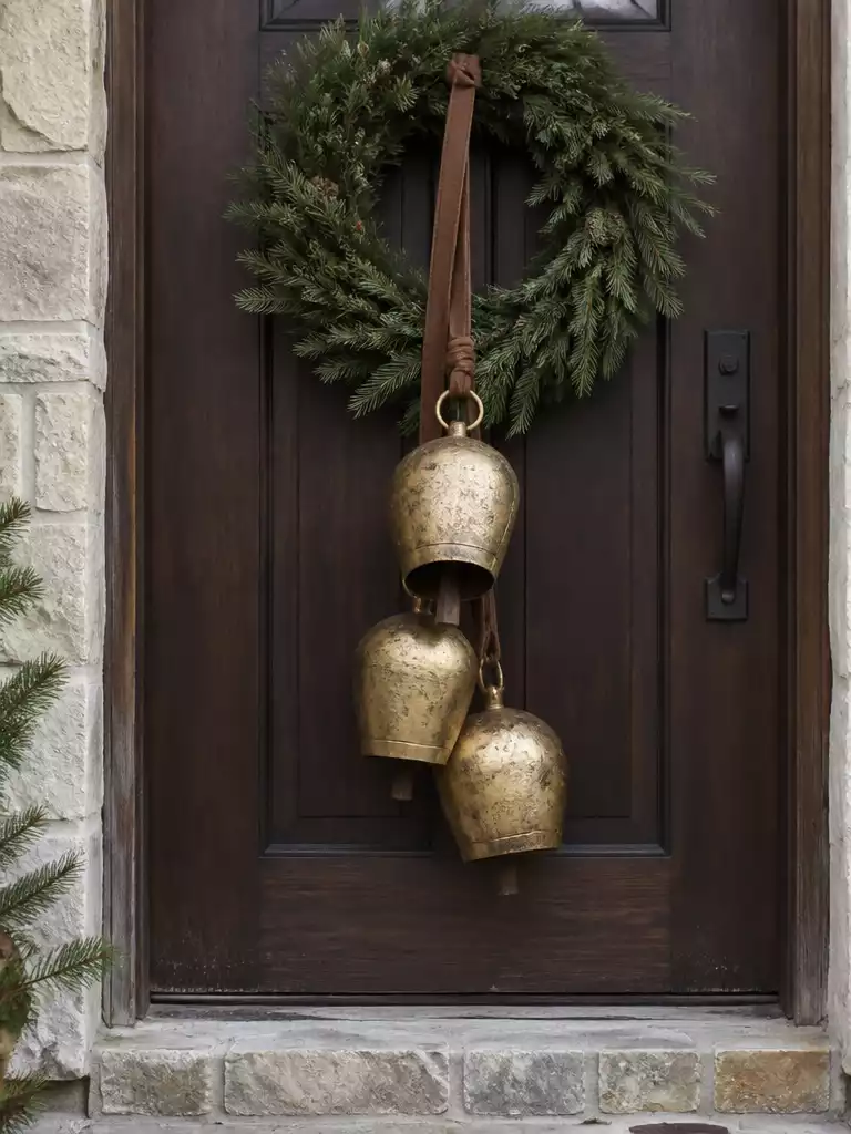 Antique Style Brass Bells For A Seasonal Front Door Wreath