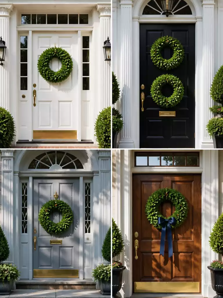 Sculpted Boxwood Wreaths for a formal and symmetrical front door aesthetic