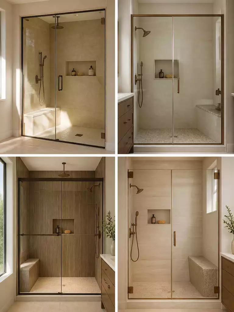 Bronze Frame Enclosures for a Warm Organic Modern Bathroom Spa Feel