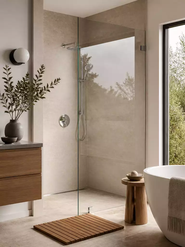 Frameless Walk-In Glass Shower Door for an Airy Spa Bathroom