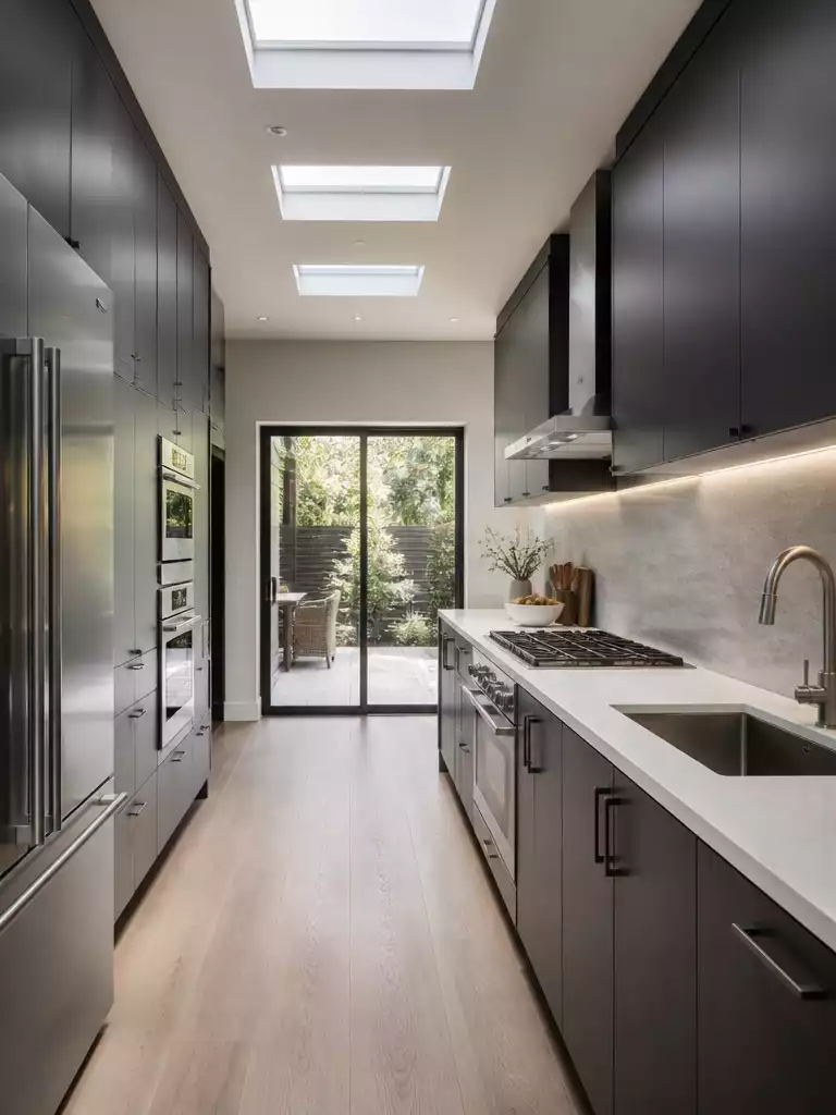 Galley Kitchen With End Wall Slider