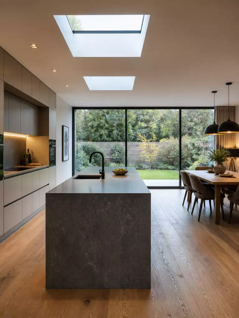 Open Plan Kitchen Diner With Full Glass Wall